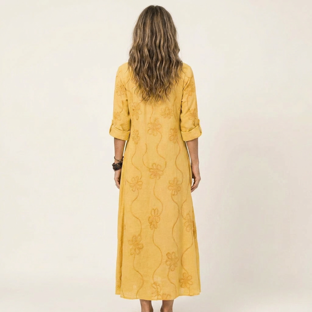 Robe longue fleurie brodée en mélange coton-lin Mariam - Maison Flavigny