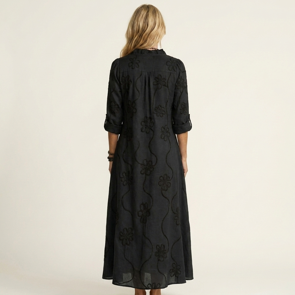 Robe longue fleurie brodée en mélange coton-lin Mariam - Maison Flavigny