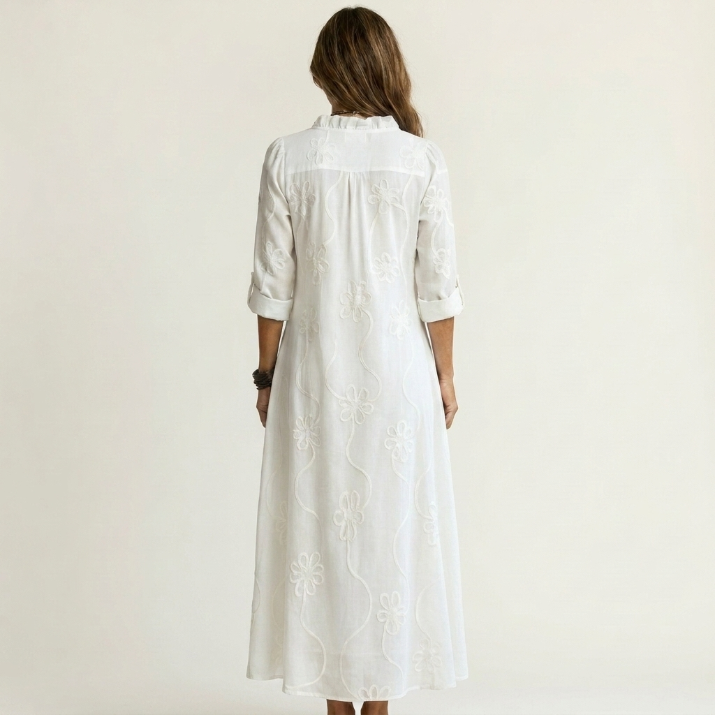 Robe longue fleurie brodée en mélange coton-lin Mariam - Maison Flavigny