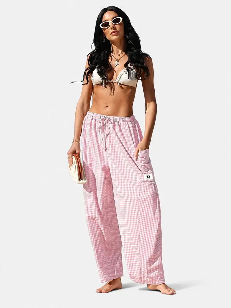 Pantalon large femme à carreaux vichy, coupe ample