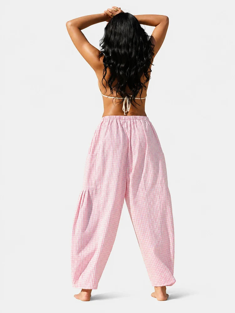 Pantalon large femme à carreaux vichy, coupe ample