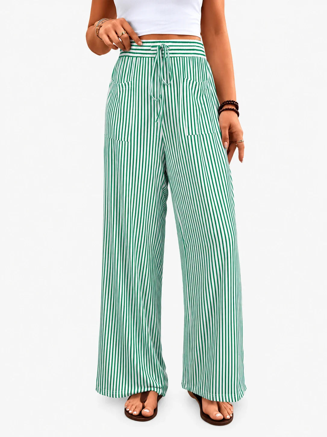 Pantalon large taille haute à rayures