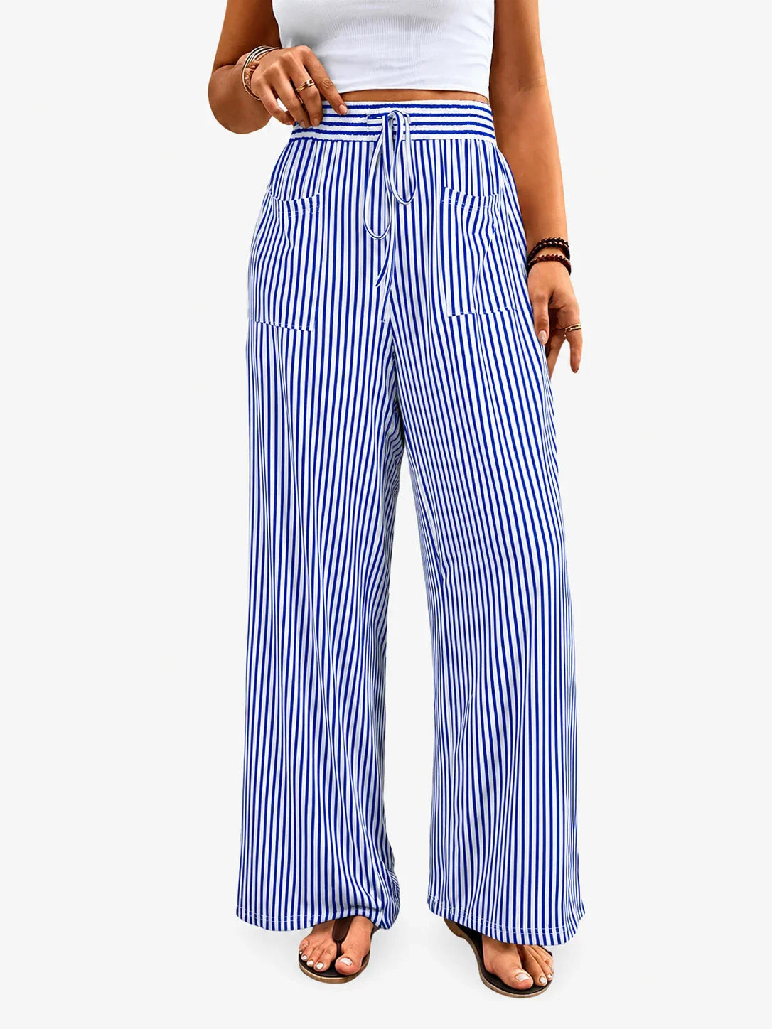 Pantalon large taille haute à rayures