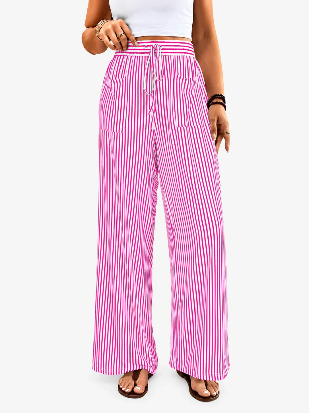 Pantalon large taille haute à rayures