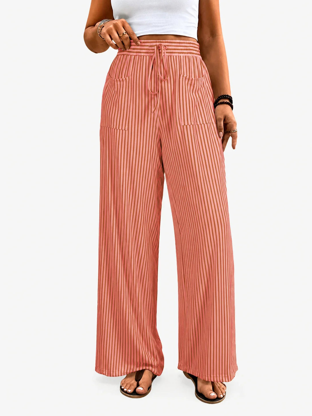 Pantalon large taille haute à rayures