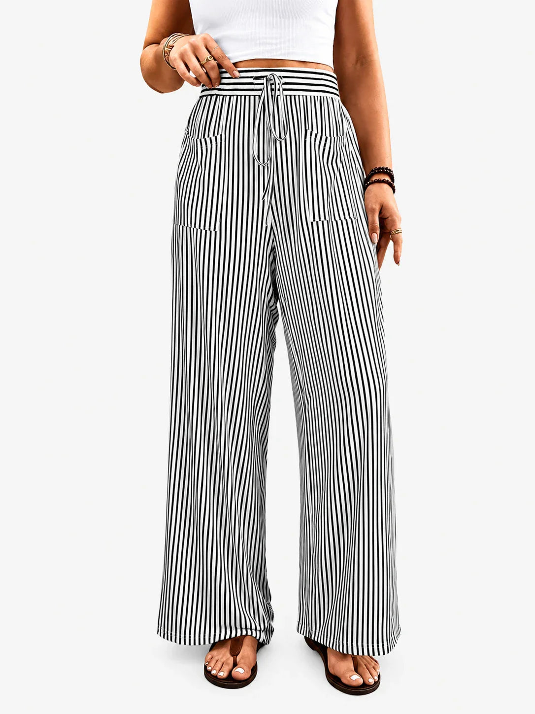 Pantalon large taille haute à rayures